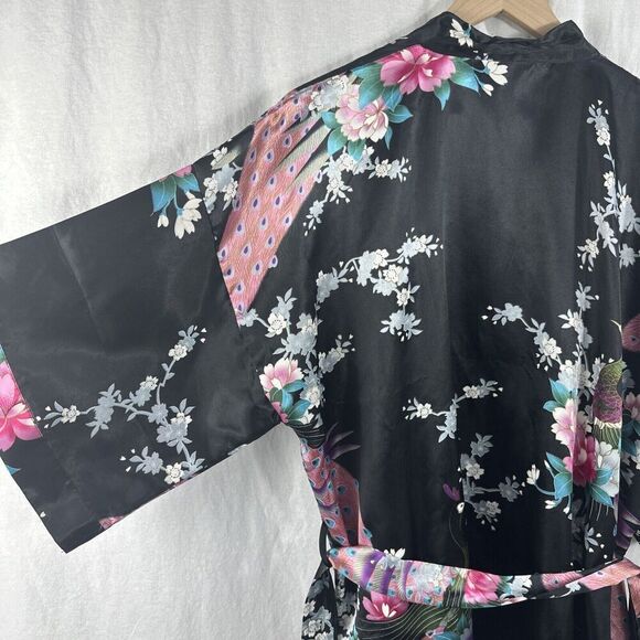 Sam Well Black Floral Peacock Belted Satin Kimono Robe Womens OSFM - Picture 11 of 14